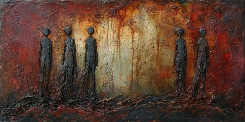 Abstract Textured Painting Featuring Several Simple Silhouetted Figures