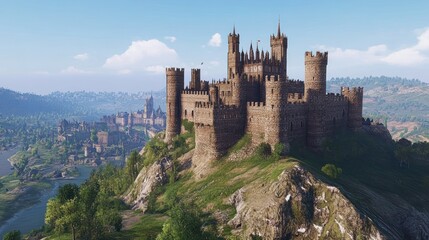 Majestic medieval castle towering over idyllic landscape, blending history and nature