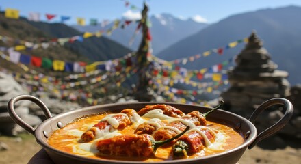 Serving Hot Dish with Mountain View and Colorful Prayer Flags © RIKO