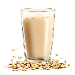 Glass of oat milk surrounded by freshly harvested oats