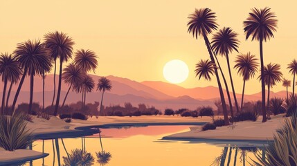 Serene Oasis Sunset Palm Trees and Tranquil Waters