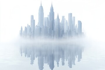 Fototapeta premium Misty Skyline Reflection Over Water - Serene Urban Landscape at Dusk with Soft Hues