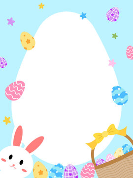 Easter egg shaped frame with easter bunny and easter eggs vector for holiday decoration with blue background