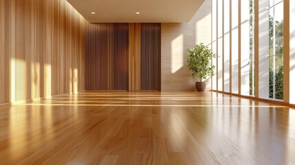 Fototapeta premium A smooth wooden panel wall with clean, evenly spaced lines, adding warmth and depth to the background.