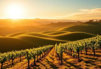 Fototapeta premium Golden hour sunlight bathes rolling Sonoma vineyard hills, vines cast long shadows, hills, sonoma