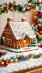 Traditional Christmas gingerbread house with snowfall on garland lights background , with white tonespng
