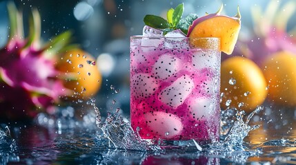 Dynamic Splash of Dragon Fruit into a Refreshing Tropical Cocktail for Vibrant Drink Recipes and Exotic Flavor Exploration