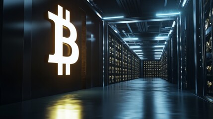 Digital vault with bitcoin symbols, epresenting advanced financial technology and  Bitcoin mining facility