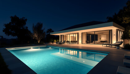 Fototapeta premium Belle maison de nuit contemporaine moderne avec piscine , with white tonespng