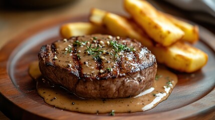 Juicy Grilled Steak with Creamy Peppercorn Sauce and Crispy Potato Wedges