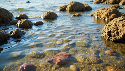 Obraz premium Serene tide pool with marine life at low tide, nature's wonder
