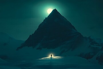 Silhouette stands before mountain under full moon