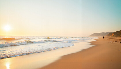 Solitary figure walking along serene beach at sunset, peaceful solitude