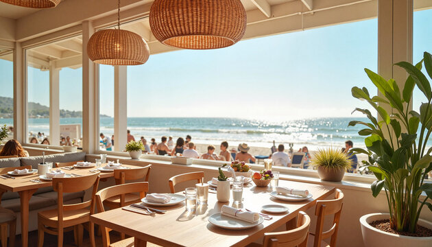 Sunlit seaside cafe with ocean view, leisurely brunch atmosphere