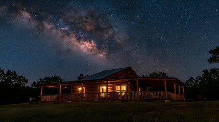 Illuminated log cabin under a starry night sky with the Milky Way.