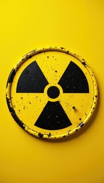 Close-up ionizing radiation warning symbol on yellow background, radiation therapy, radiation protection, nuclear medicine