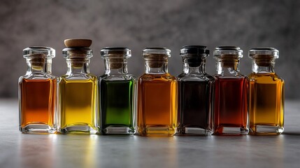 Vibrant Assortment of Culinary Oils in Glass Bottles for Gourmet Cooking