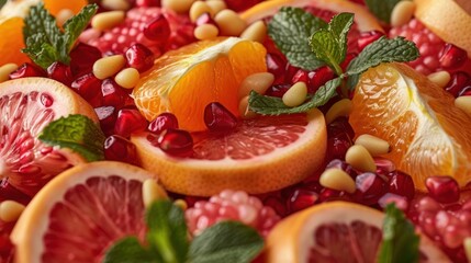 Naklejka premium Colorful fruit salad with pomegranate, orange, and grapefruit