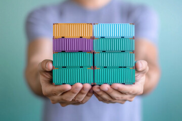 Open hands displaying colorful miniature cargo containers, symbolizing global trade, import-export dynamics, tariffs, sanctions, and economic interconnectedness