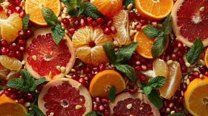 Colorful fruit slices, pomegranate seeds, and pine nuts; vibrant citrus and pomegranates; overhead view