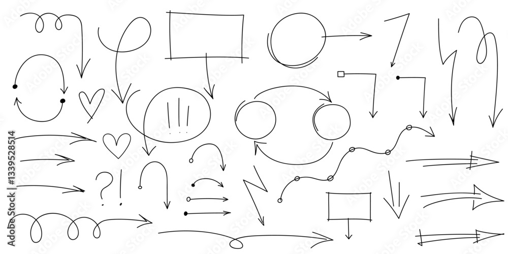 Poster set of hand drawn arrows pen doodle line stroke. highlight, marks. set of sketches of arrows, ellips
