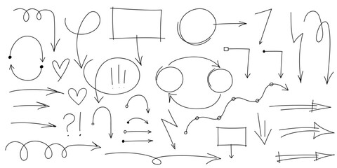 Set of Hand drawn arrows pen doodle line stroke. Highlight, marks. Set of Sketches of arrows, ellipse, rectangle, oval and mark. Collection of vector doodle elements and shapes for notes