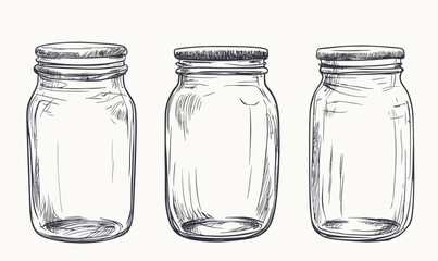 Vintage Ink Sketch of Empty Glass Jars in Minimalist Style for Graphic Design
