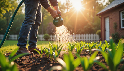 Man watering seedlings in backyard garden under bright sunlight, spring gardening