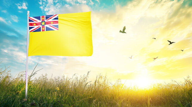 Niue flag textile cloth fabric waving on the top sunrise mist fog