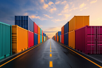 Fototapeta premium Stacks of vibrant shipping containers border a long asphalt road leading towards a beautiful sunset, symbolizing global commerce, logistics, and the impact of tariffs on international trade