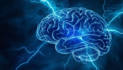 Obraz premium 3D render of a brain with a lightning blue background