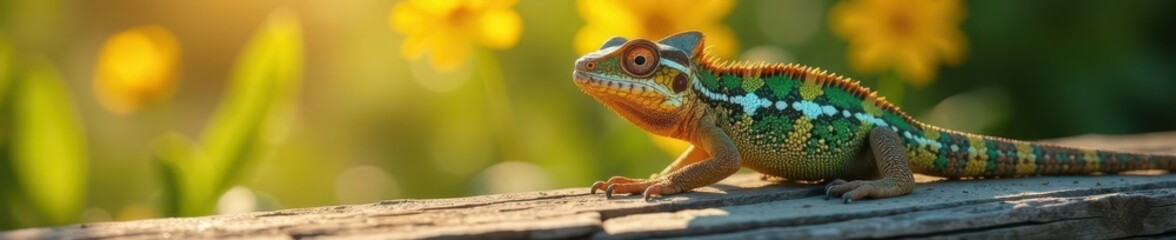 Obraz premium Camouflaged chameleon on weathered wood, sunlit, photography, camouflage