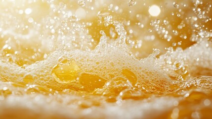 A mesmerizing close-up of golden liquid in motion, capturing dynamic splashes and suspended bubbles.