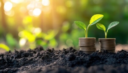 Young plants grow from coins, symbolizing sustainability and investment in the future of our planet and natural resources.