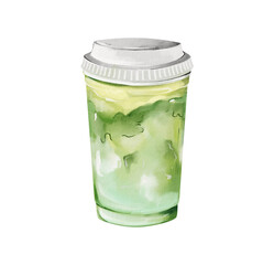 Matcha Latte: Hand Painted Watercolor Illustration of a Refreshing Green Tea Drink in a Takeaway Cup