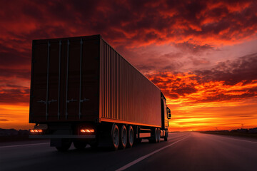 Truck carrying a shipping container driving on a highway at sunset, representing the concepts of international trade, logistics, tariffs, sanctions, and global commerce