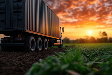 Truck carrying a shipping container driving through a field at sunset, symbolizing international trade and geopolitical challenges affecting global commerce