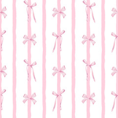 Pink Bows and Stripes Watercolor Pattern, Gentle Girly Texture for Textile and Scrapbook, Romantic Design in Pastel Pink