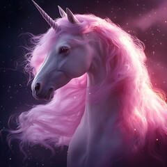 Naklejka premium A mythical unicorn with a glowing mane and horn, illuminated by a pink light