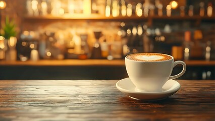 Fototapeta premium a cup of latte coffee on a wooden table with a cafe in the background.