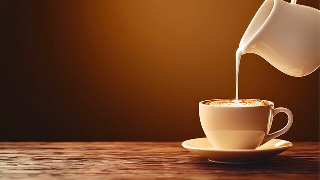 a cup of coffee with milk being poured from a creamer.