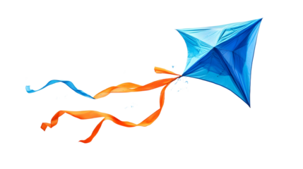 Blue kite flying with orange and blue ribbons on transparent background