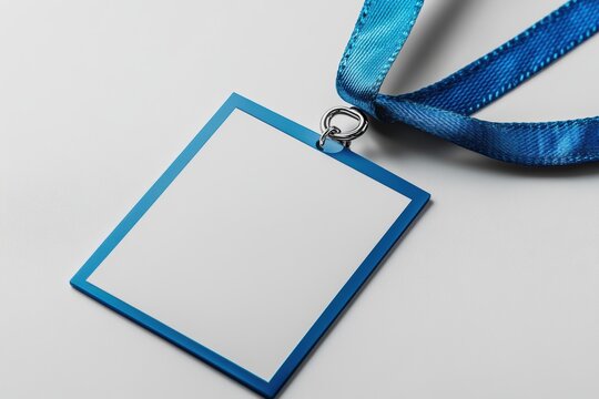 Blank blue medal hanging from a ribbon, ready for customization at an award ceremony in a bright setting