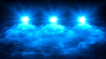 Three bright lights above mystic blue fog