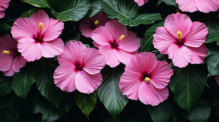 Pink hibiscus flowers blooming amongst lush green leaves.