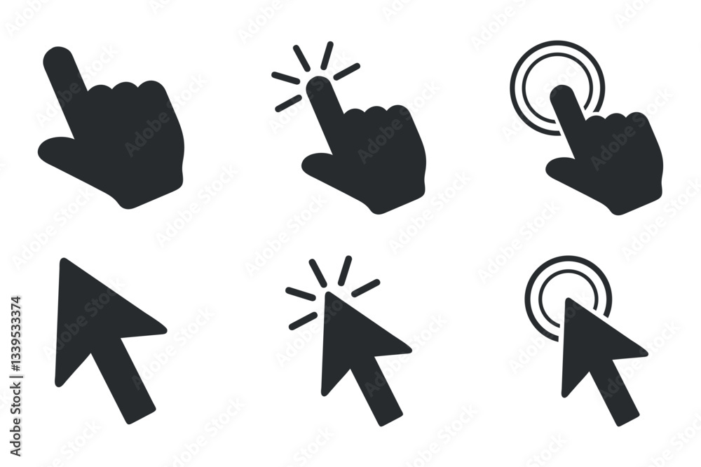 Poster set of hand and mouse pointer icons with tapping and clicking effects, representing digital actions 