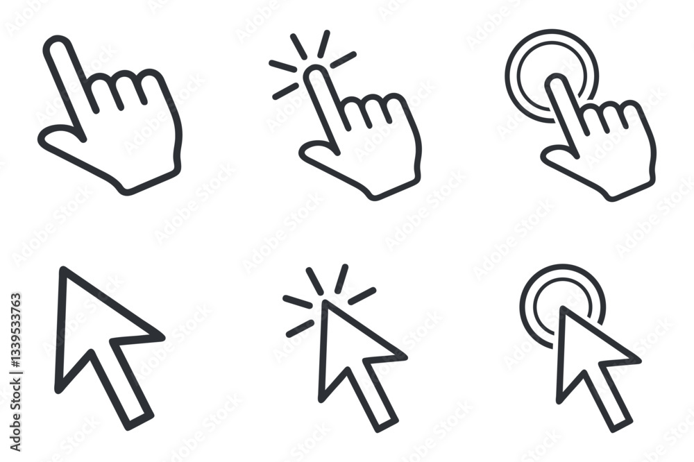 Poster set of hand and mouse pointer icons with click effects, representing interaction and user input for 
