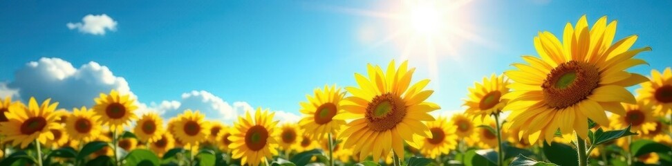Obraz premium Sunlit sunflowers stretch towards a brilliant blue expanse , farm, summer, sunshine