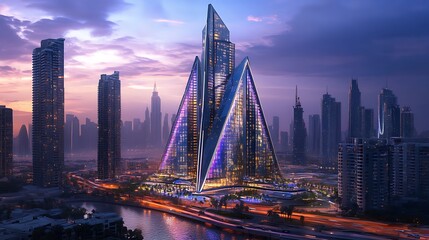 Obraz premium Modern skyscraper illuminated twilight futuristic cityscape view high resolution picture