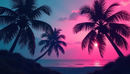 Abstract neon coconut silhouettes on grayscale palm leaf texture , pattern, glowing, illustration